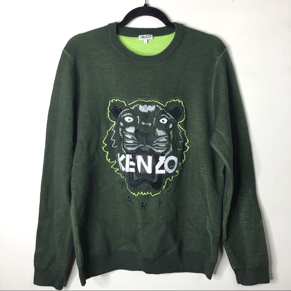 Kenzo Green Classic Tiger Wool Blend Sweater Large